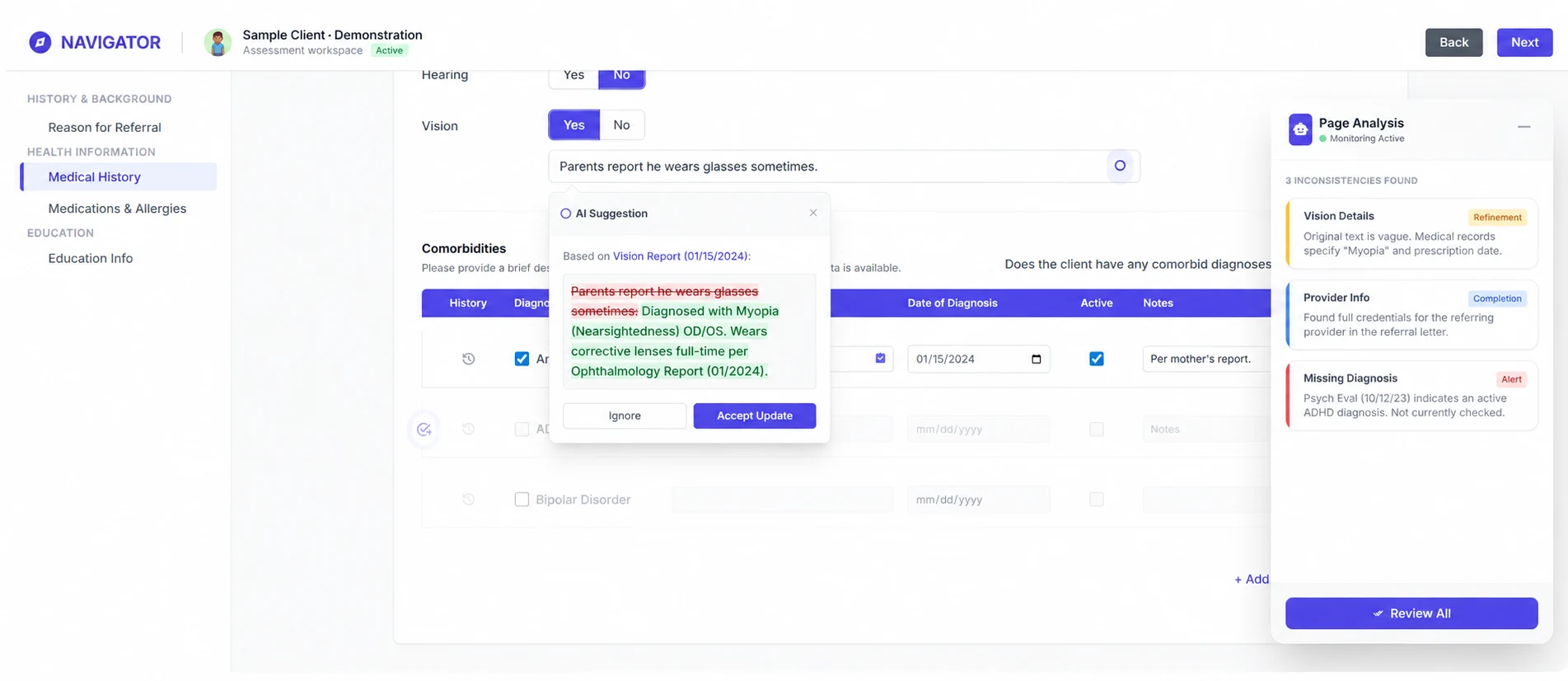 Existing sample-client clinical demonstration with a Vision Report source link, original and suggested text, and clinician review controls